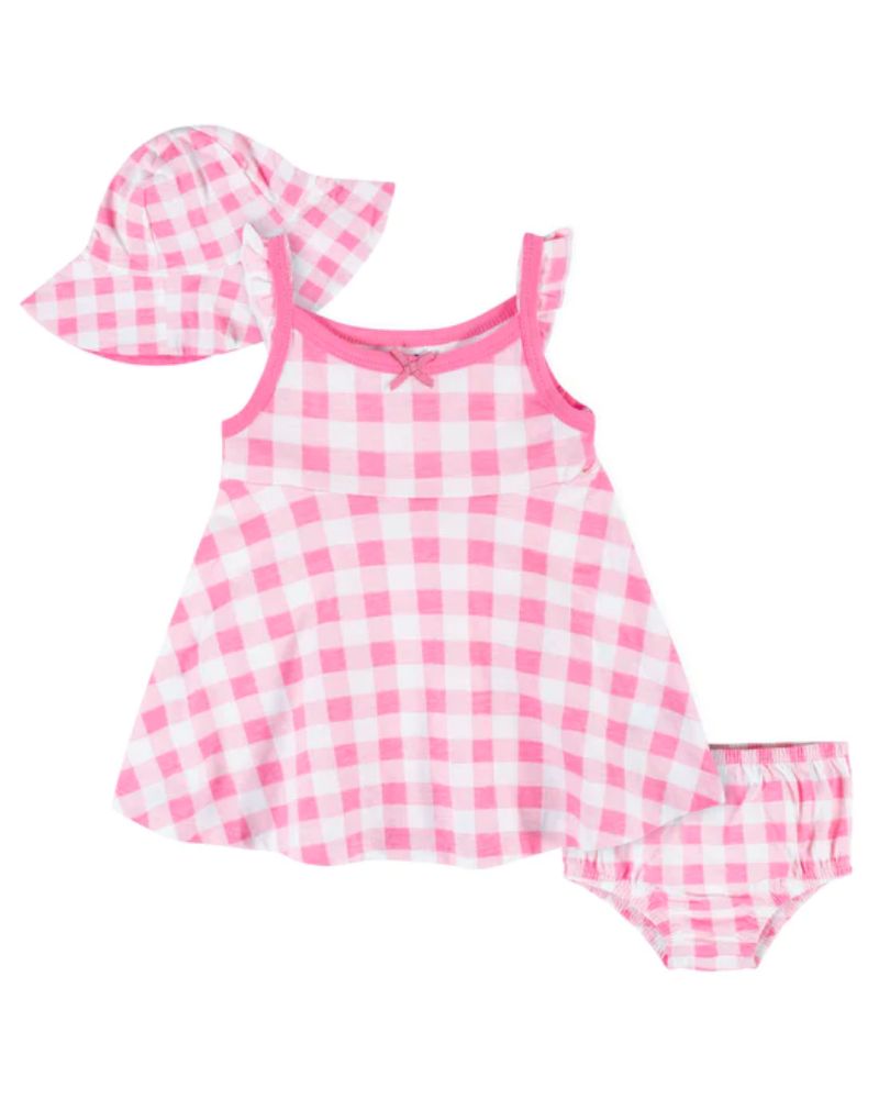 PACK X3 – VESTIDO, SOMBRERO Y COBERTOR DE PAÑAL – CUADROS ROSAS