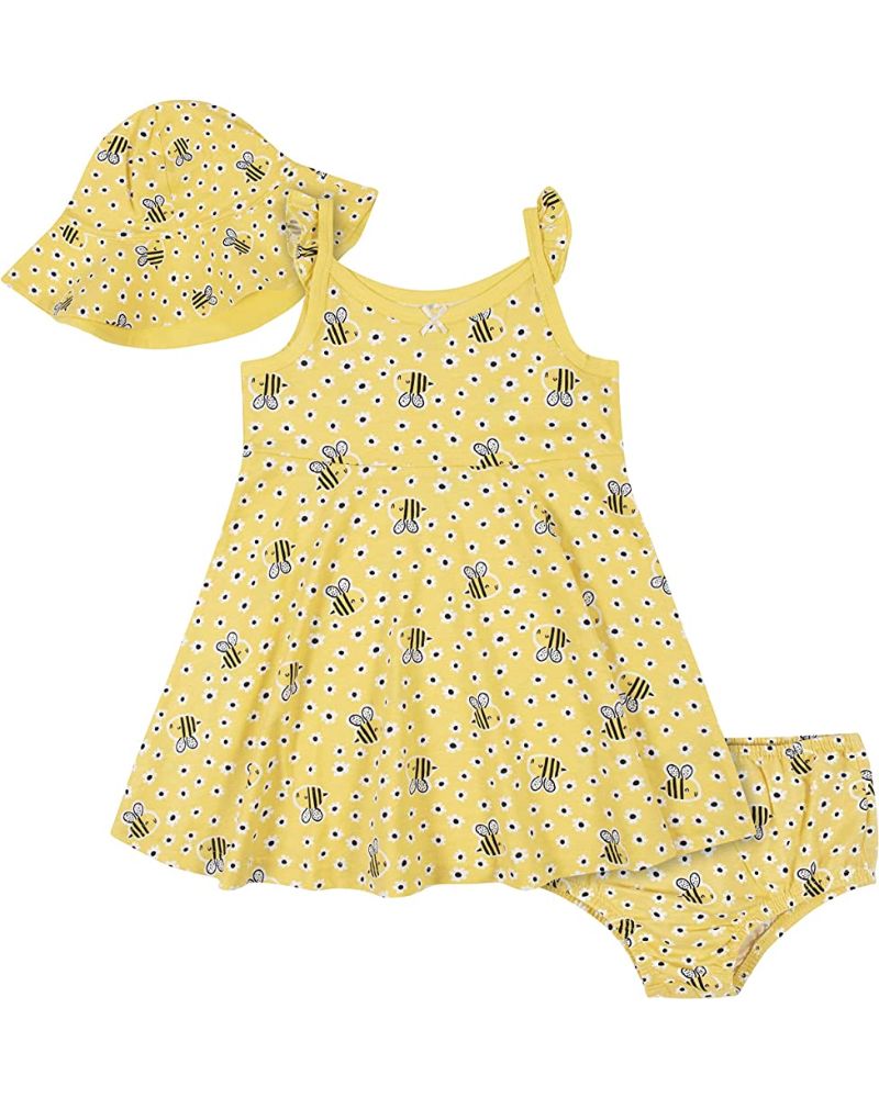 PACK X3 – VESTIDO, SOMBRERO Y COBERTOR DE PAÑAL – ABEJITAS