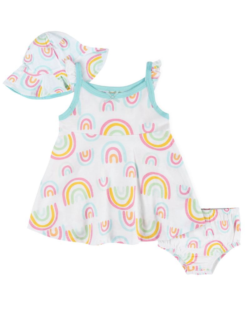 PACK X3 – VESTIDO, SOMBRERO Y COBERTOR DE PAÑAL – ARCOIRIS