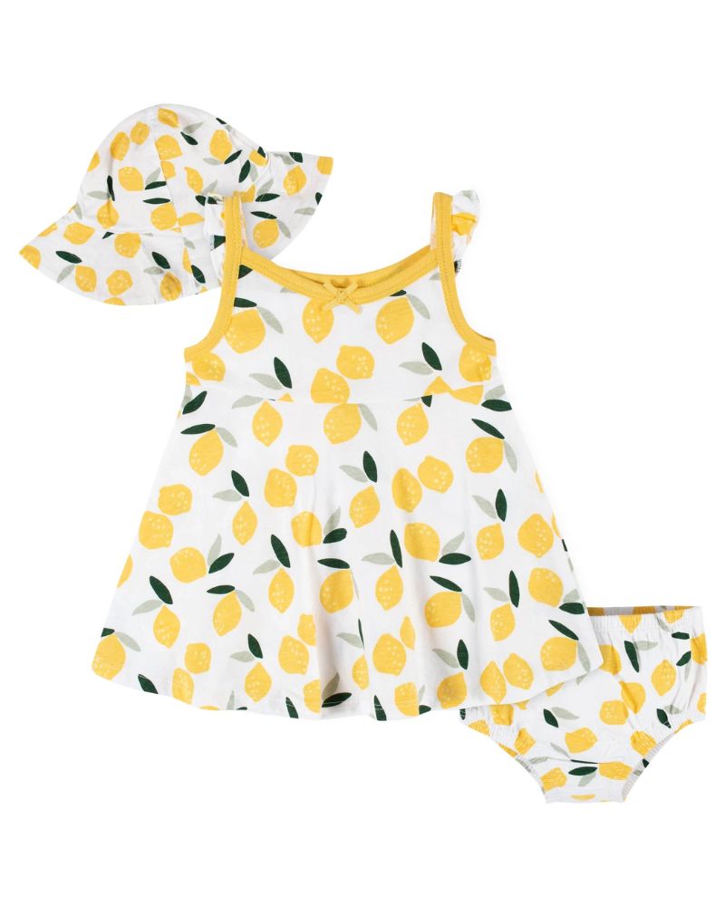 PACK X3 – VESTIDO, SOMBRERO Y COBERTOR DE PAÑAL – LIMONES